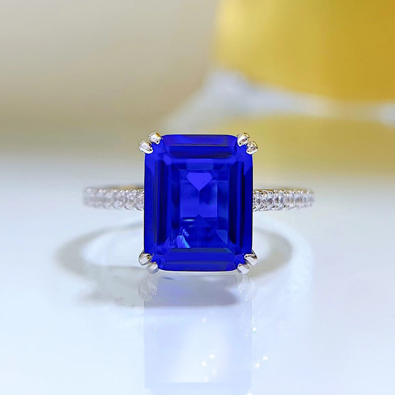 925 Silver Retro Rectangular Carved Flat 8x10mm Emerald Women's Ring