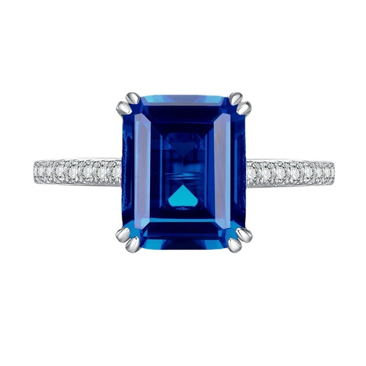 925 Silver Retro Rectangular Carved Flat 8x10mm Emerald Women's Ring