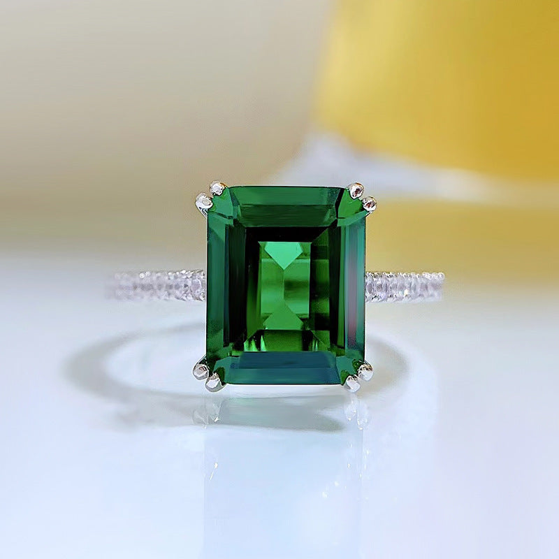 925 Silver Retro Rectangular Carved Flat 8x10mm Emerald Women's Ring