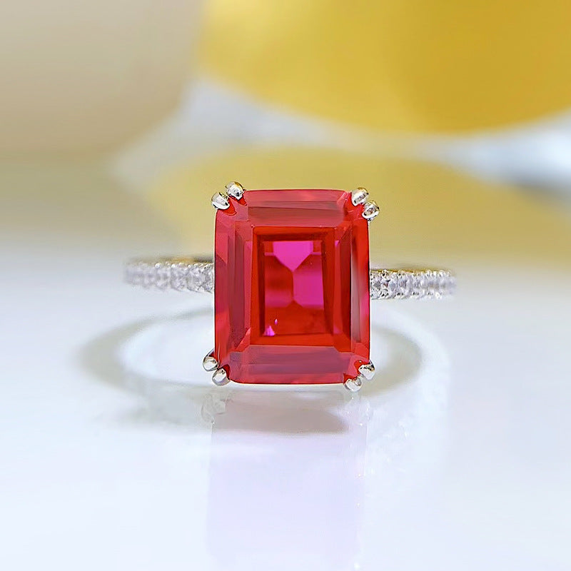 925 Silver Retro Rectangular Carved Flat 8x10mm Emerald Women's Ring