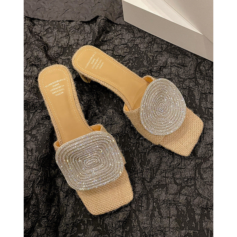 French Romantic Square Round Linen Woven Slippers