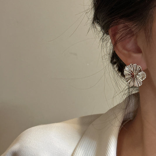 Sterling Silver Korean Style Heavy-duty Texture Large Flower Earrings