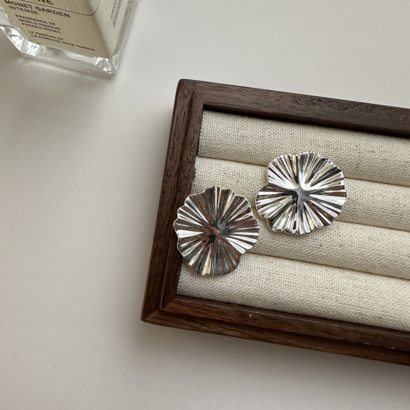 Sterling Silver Korean Style Heavy-duty Texture Large Flower Earrings