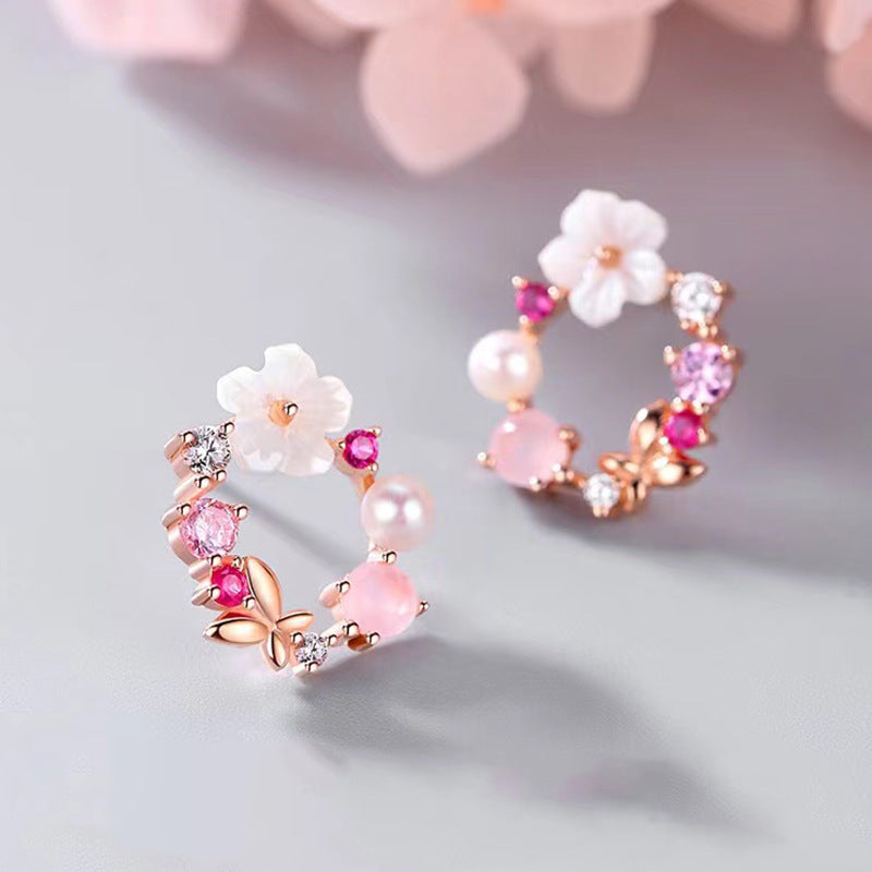 Sterling Silver Fresh Pink Garland Stud Earrings